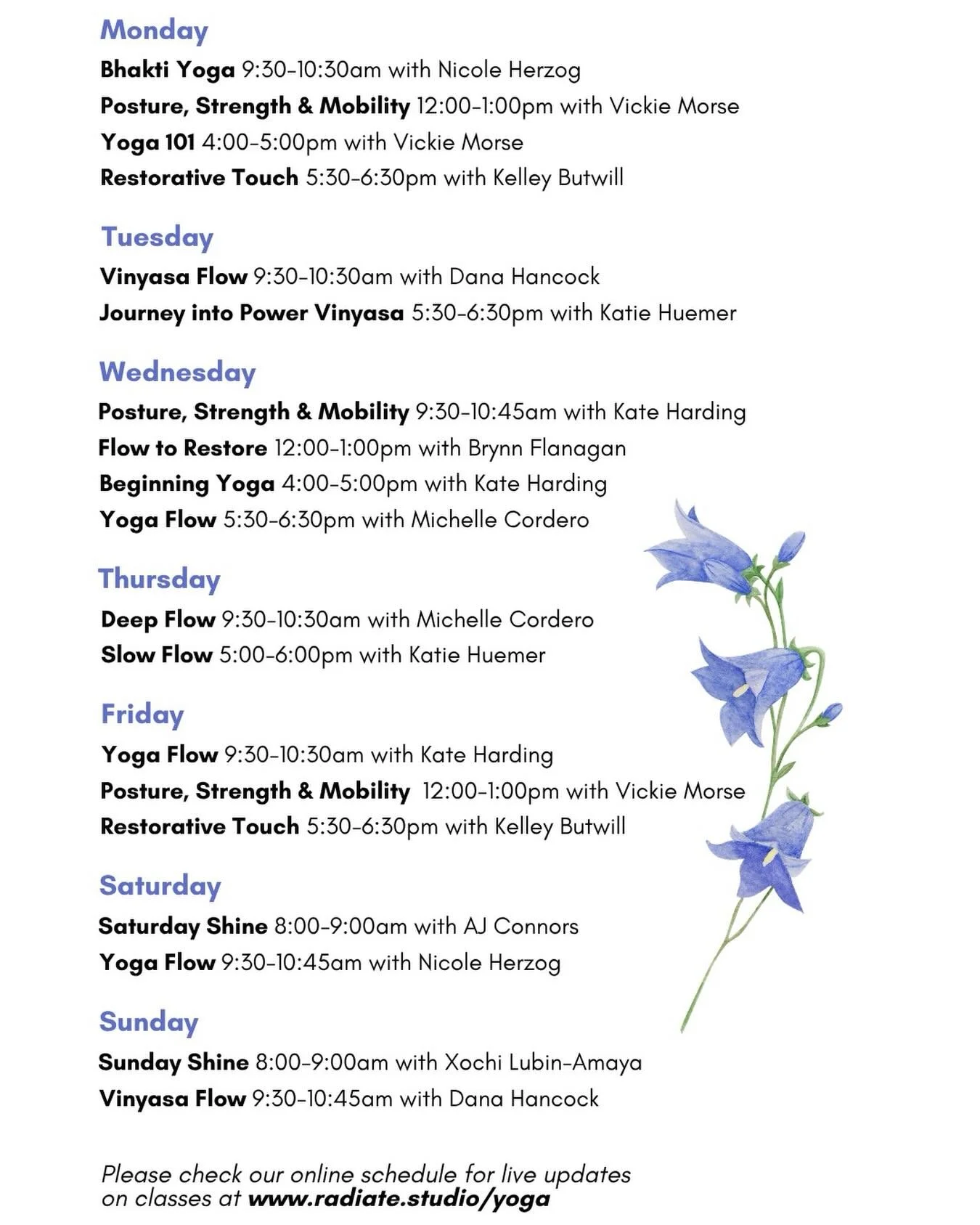 Current weekly schedule 🌻💜🌞

Register for class at the link 🔗 in bio or visit:
www.radiate.studio/yoga 

Class passes &amp; memberships available ✨
Questions? Email us hello@radiate.studio 

#sebastopolcalifornia #sonomacounty #russianrivervalley