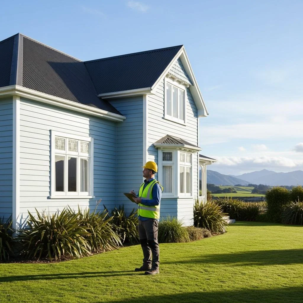 Building inspector examining a Christchurch home exterior during property inspection