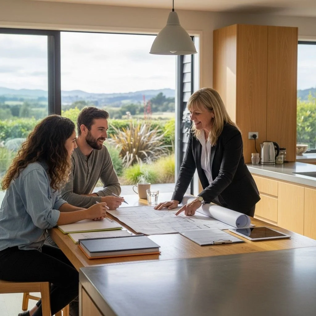 Couple reviewing cross lease flat plan documents with real estate agent in Christchurch