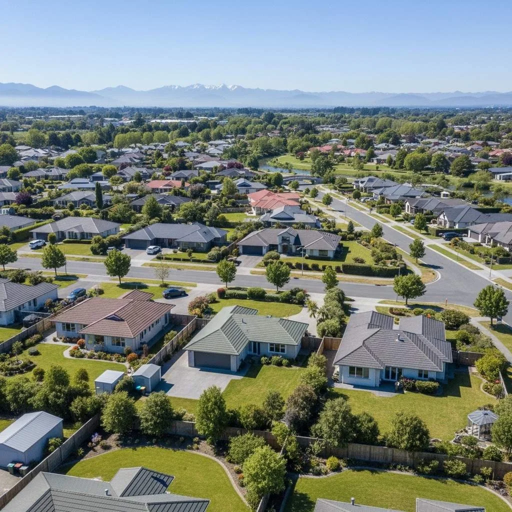 Aerial view of Christchurch suburban neighbourhood with freehold residential properties