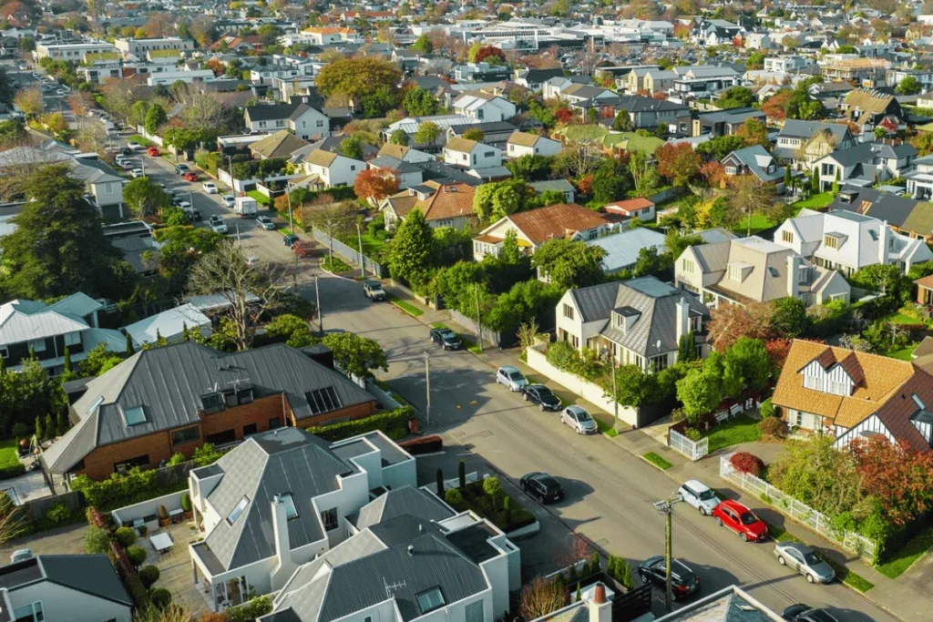 drone view of merivale suburbs showing heaps of homes on a sunny day