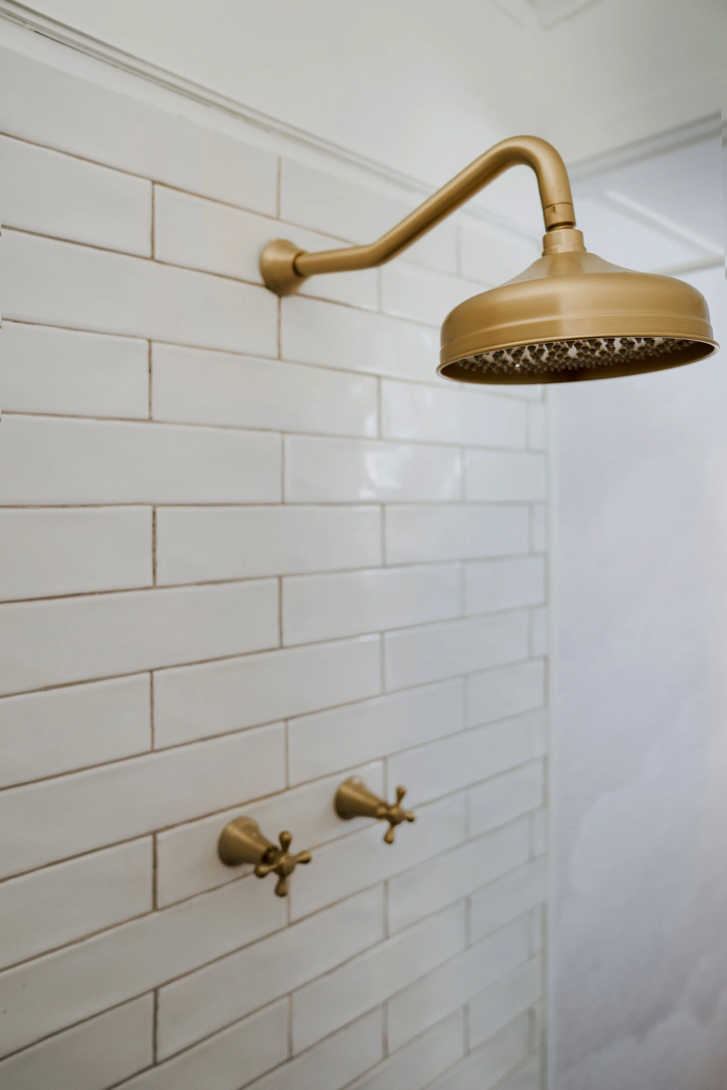 Brass fittings and white tiles in a small shower.