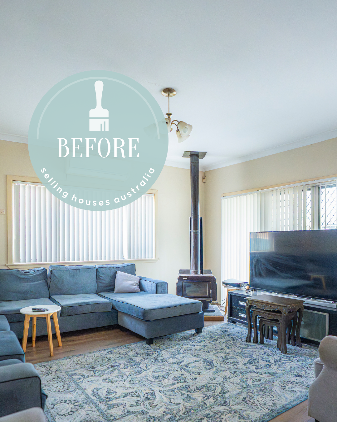 Living room, before: dark, over‑furnished living room with vertical blinds and blocked light from sliding door (Copy)