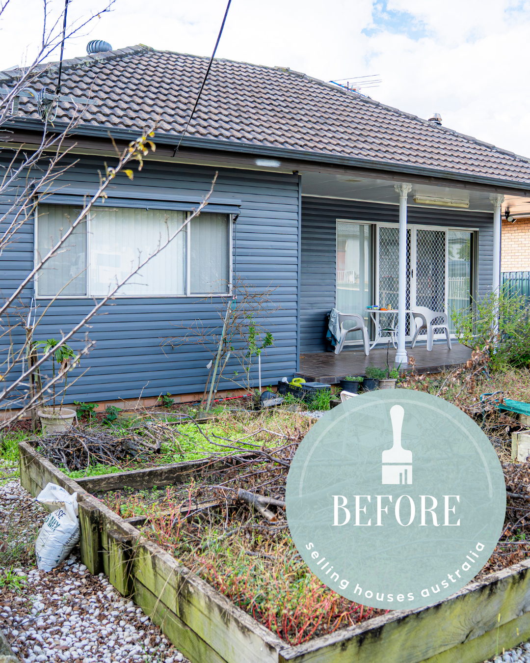 Front yard, before: A cluttered yard with unnattractive wire fencing and neglected raised garden beds. (Copy)