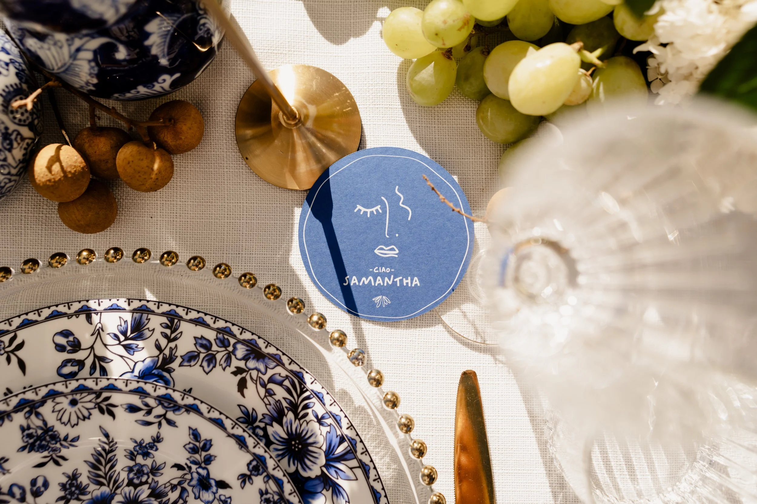 Table setting with gold and blue tones