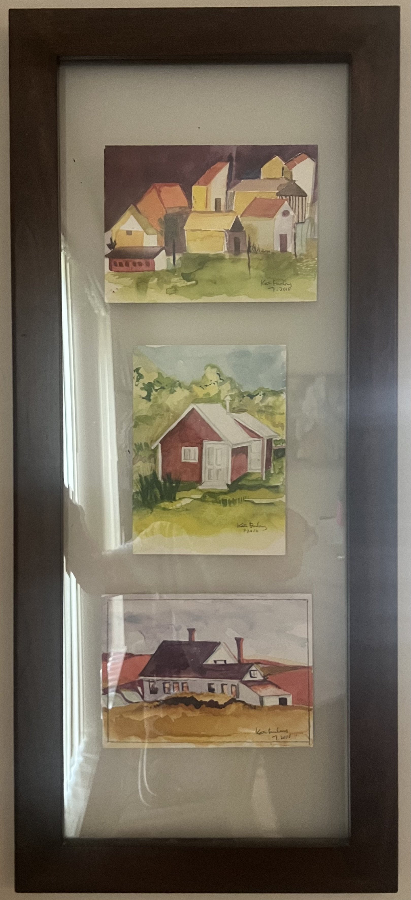 SOLD Three Dwellings Watercolor & Ink Framed. 8 x 24 $150. Kate Douglas