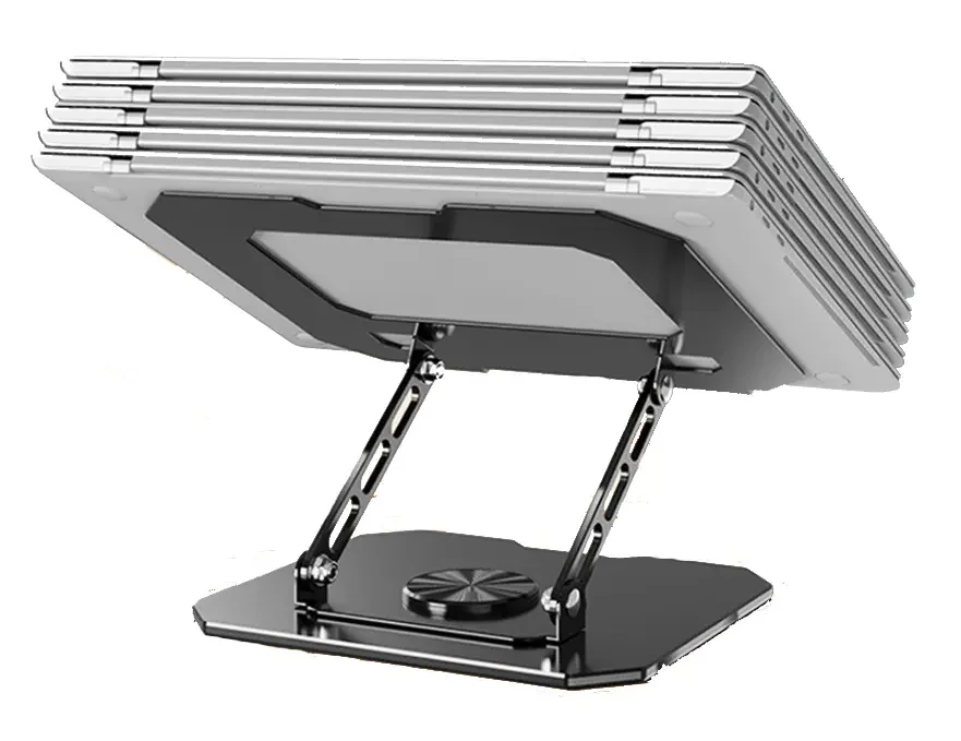 A modern adjustable table with a metal base and a flat rectangular surface, in a silver and black color scheme.