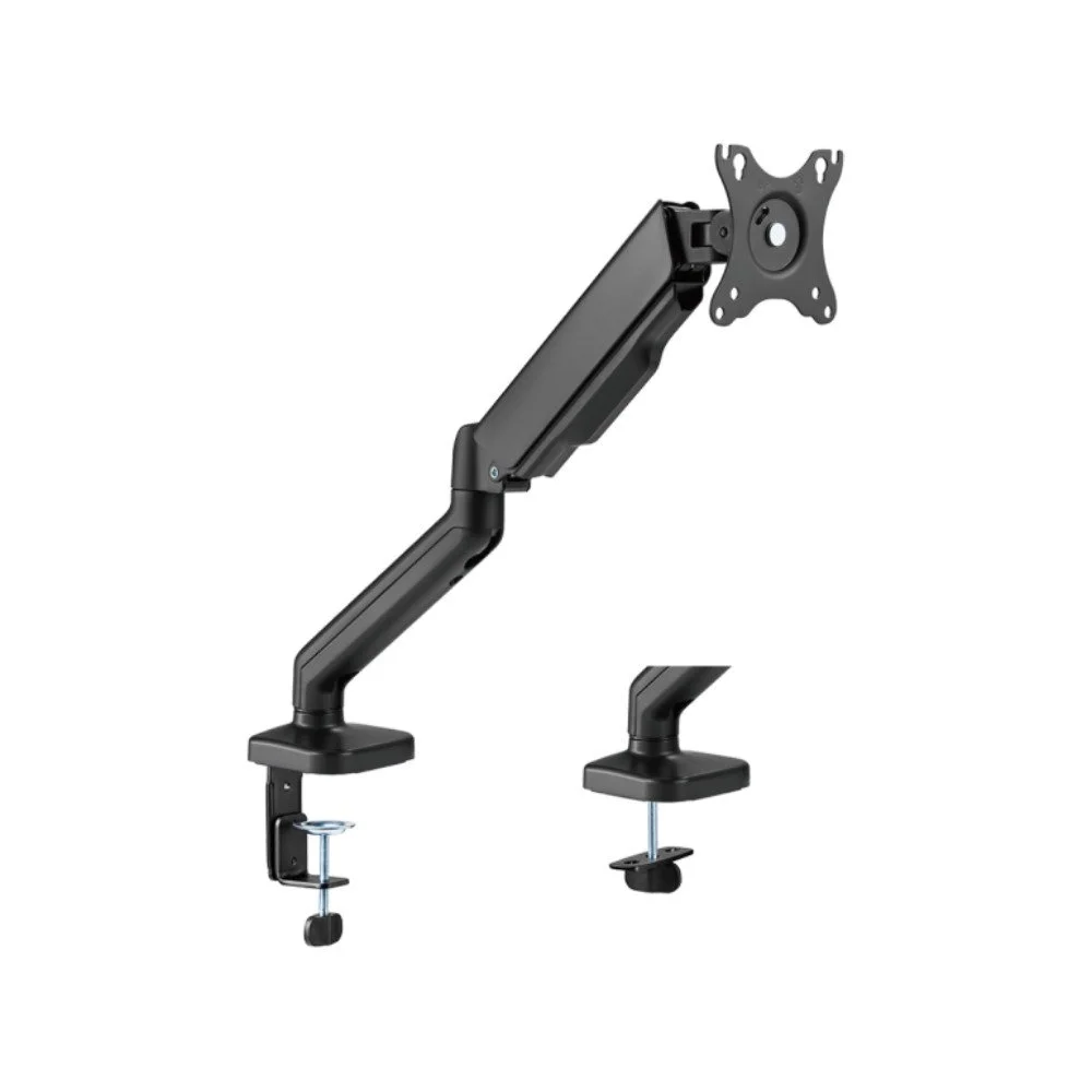 A black adjustable monitor arm with a mounting plate and clamps.