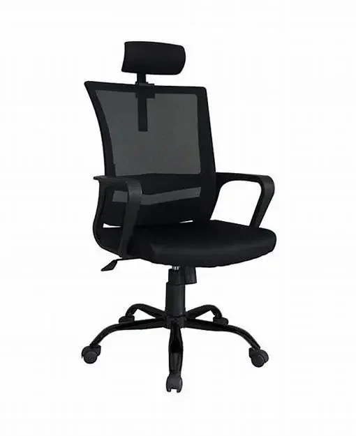 Black office chair with mesh backrest, cushioned seat, adjustable headrest, armrests, and five caster wheels.