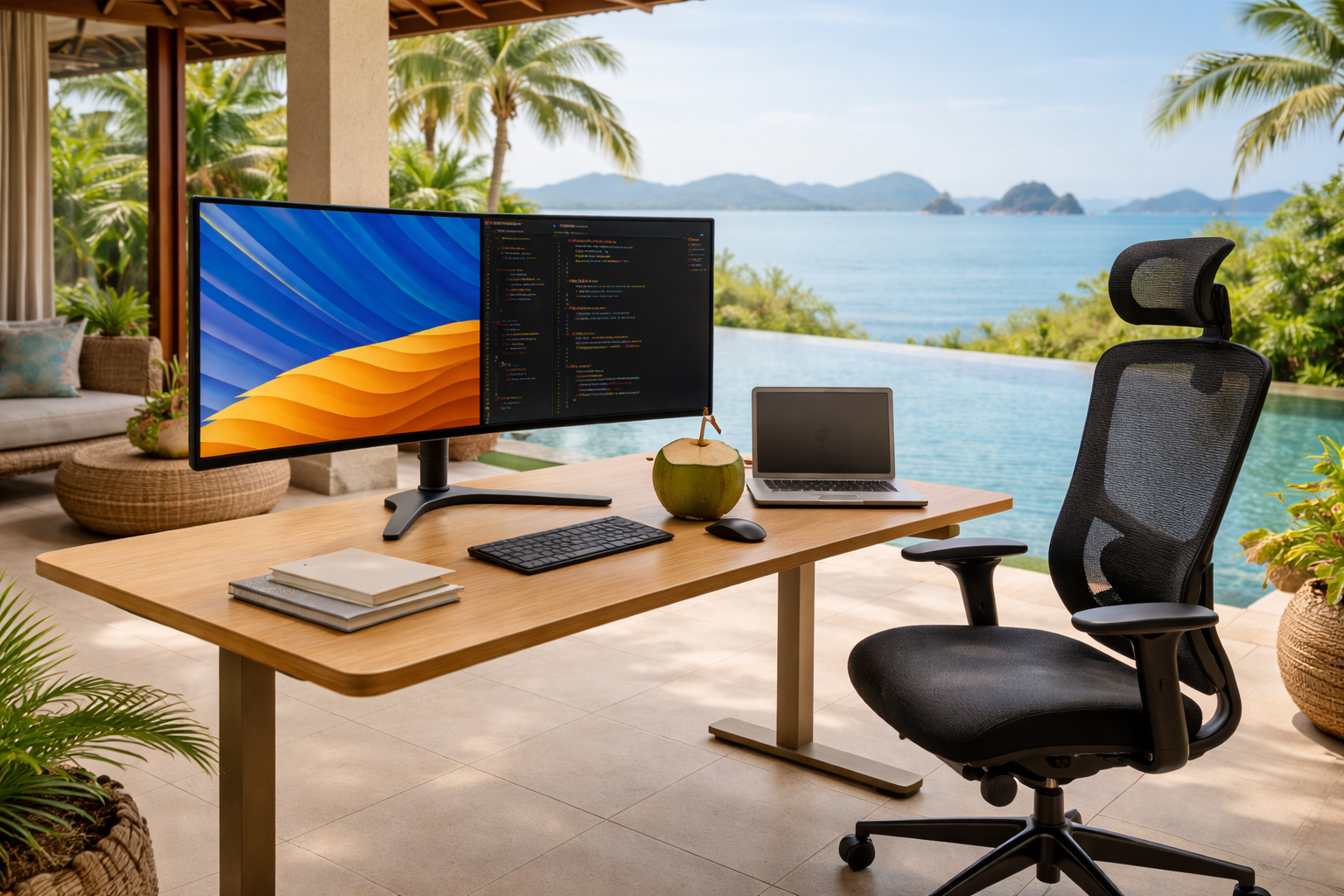 Office desk with dual monitors, a laptop, a computer mouse, a keyboard, a coconut drink with a straw, and notebooks, overlooking a scenic outdoor pool and ocean view with palm trees and islands in the background.