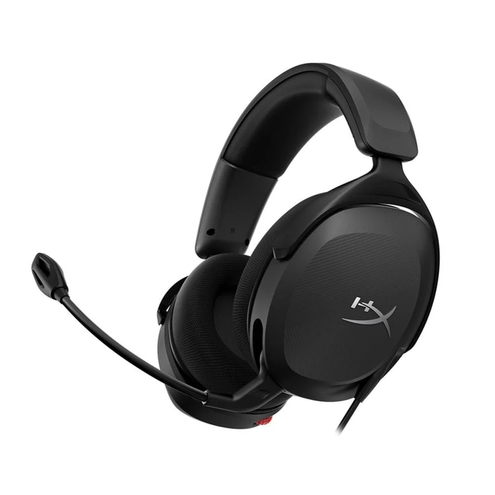 Black gaming or communication headset with microphone, branded HyperX.