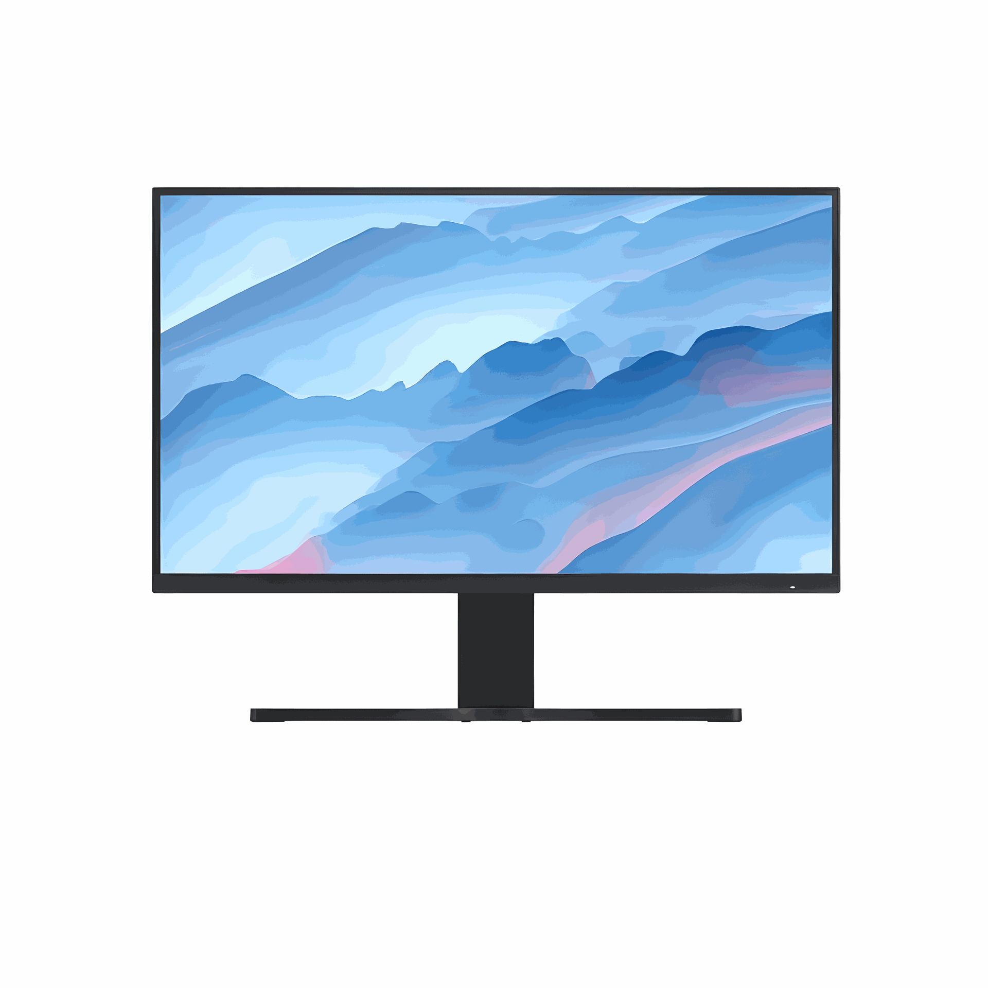 A computer monitor displaying a blue abstract mountain landscape.