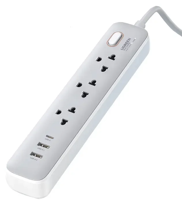 White power strip with five outlets, USB ports, and a power switch.
