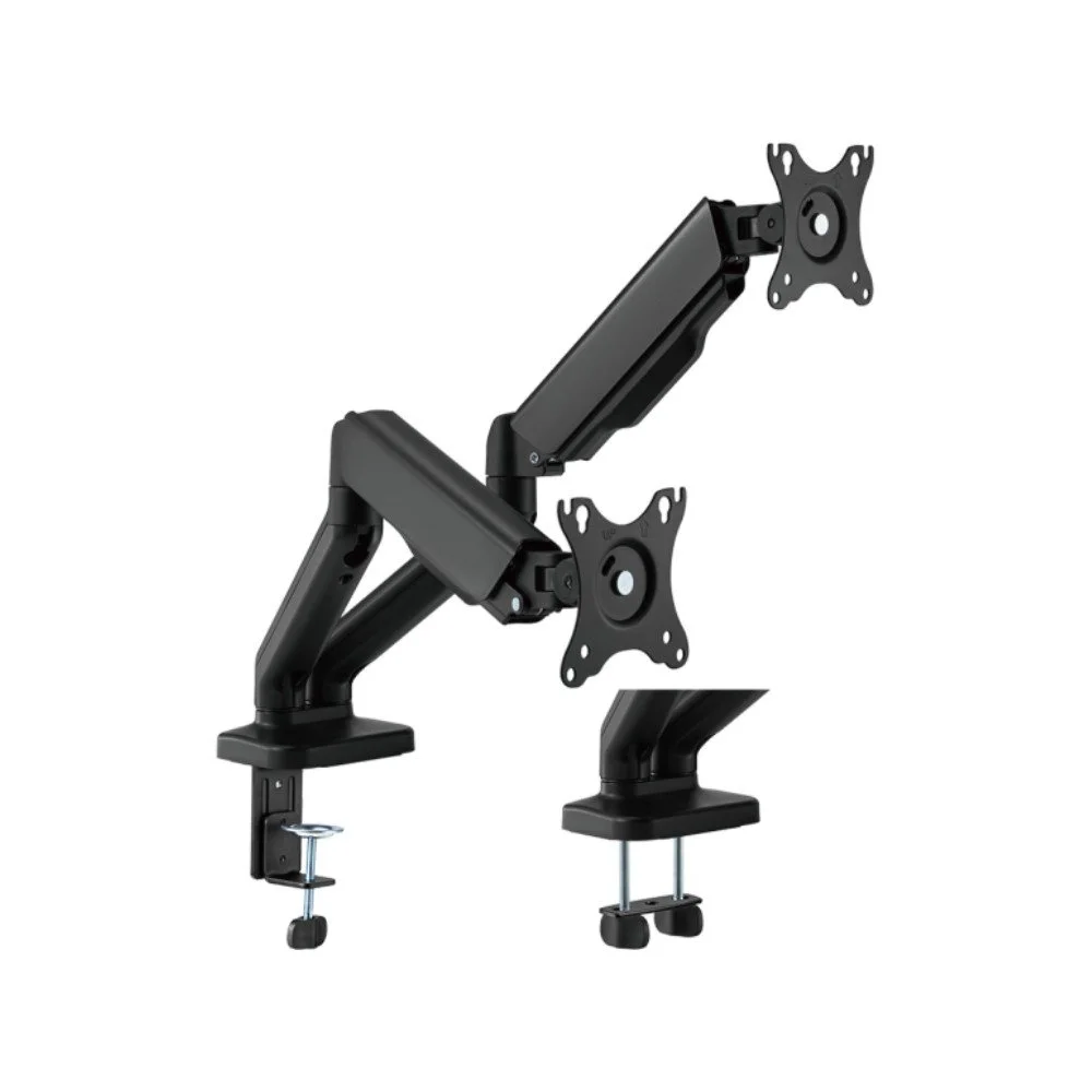 Dual monitor arm mount with adjustable arms and mounting clamps.