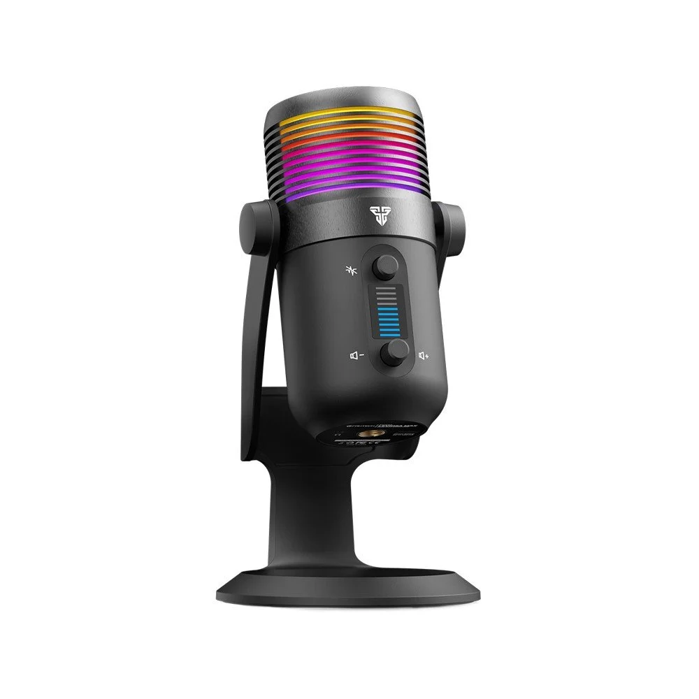 A black gaming microphone with RGB lighting on the top grill, mounted on a stand with volume and mute controls.