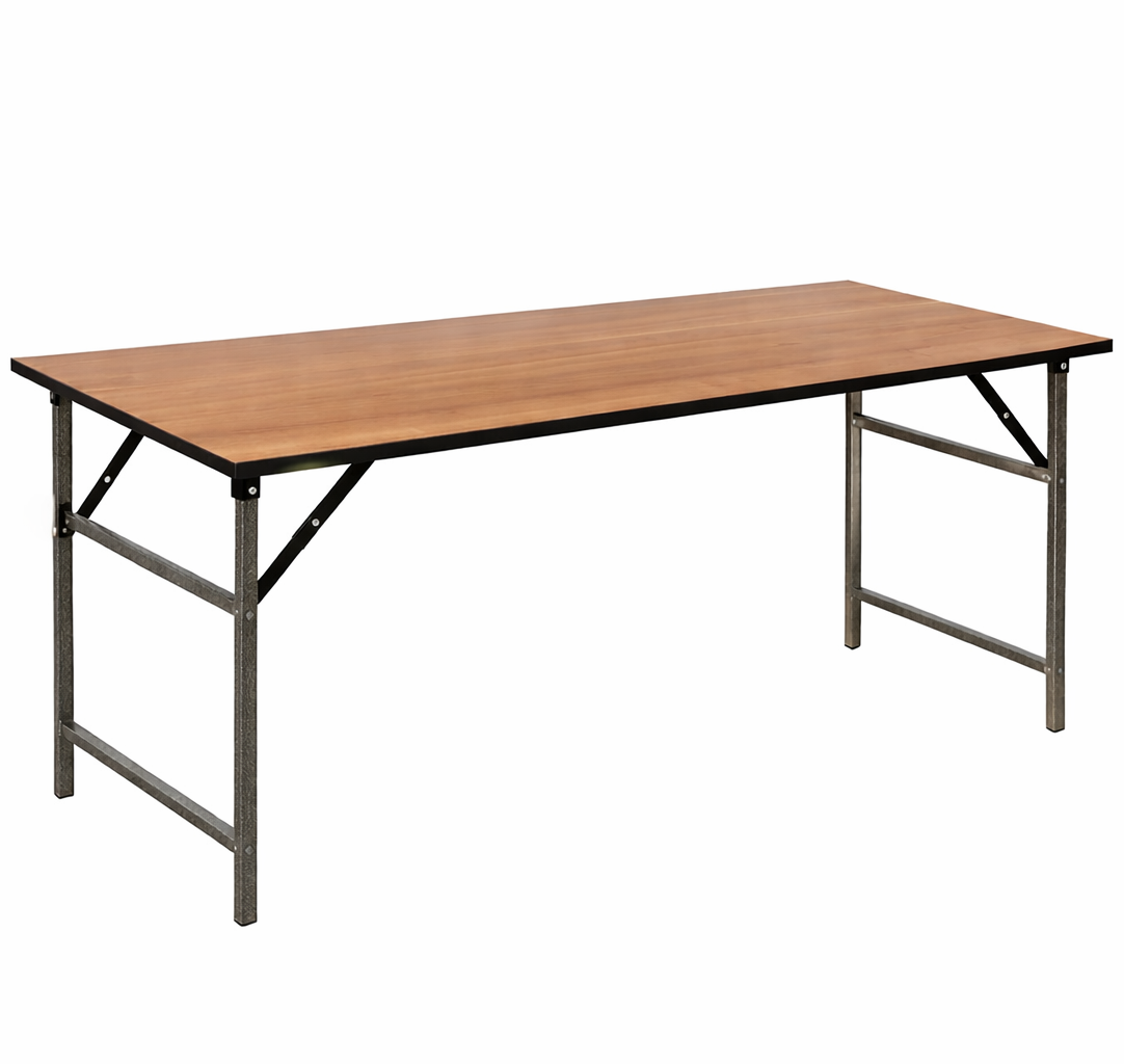 A rectangular table with a wooden top and metal frame legs.