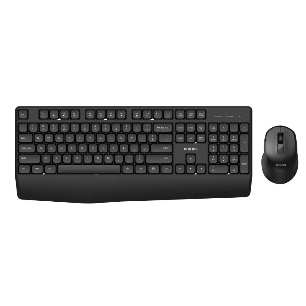 Black wireless keyboard and mouse from Philips on a white background.