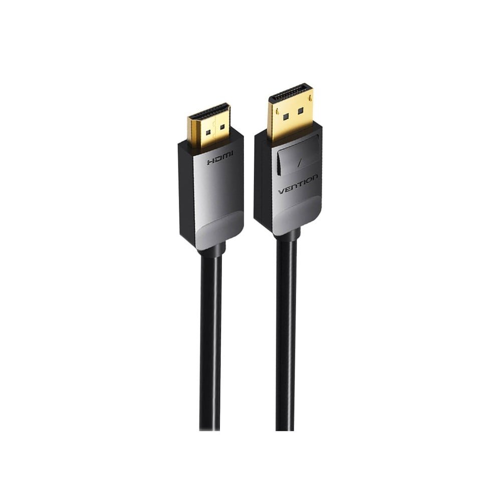 Two HDMI cables, one with a black and silver connector marked HDMI and the other with a black and silver connector marked Vention.