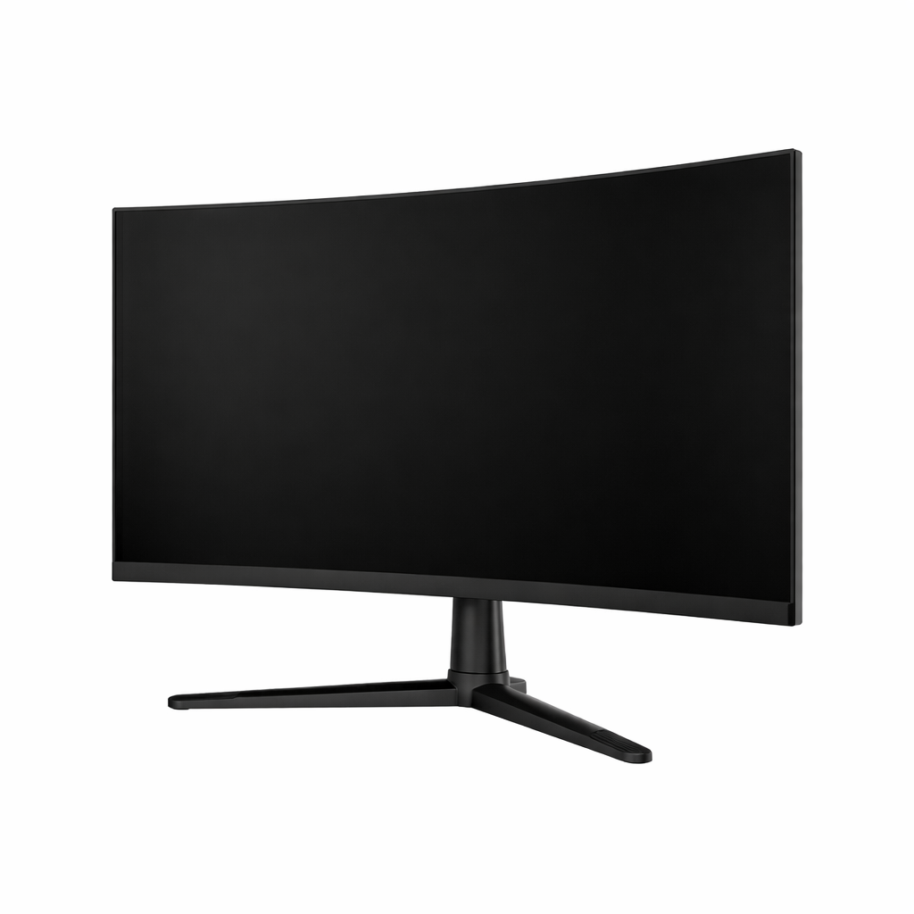 A black curved computer monitor on a black stand with a minimalist design.