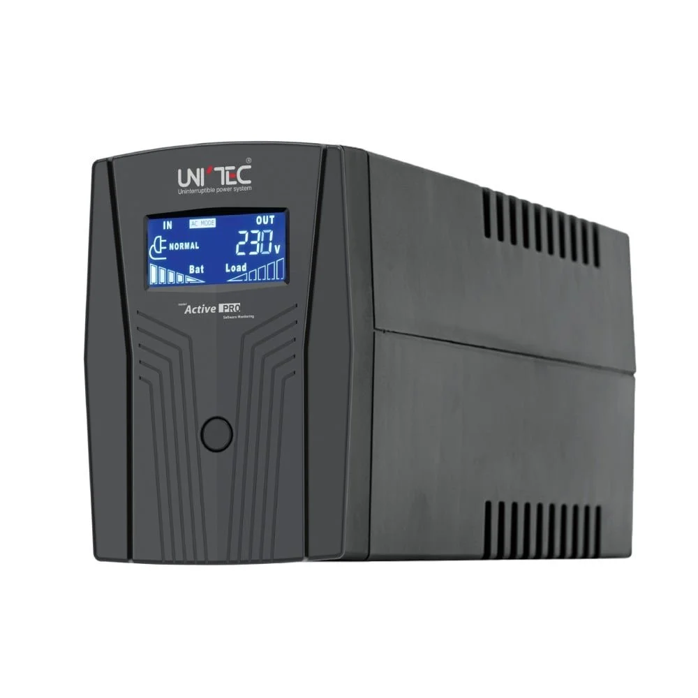 A black uninterruptible power supply (UPS) device with a digital display showing various indicators, including voltage output of 230V and other status icons.