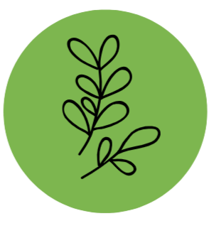 Line drawing of a small plant with leaves inside a green circle.