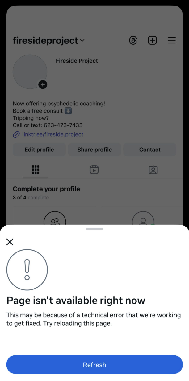 Instagram error screen reading 'Page isn't available right now' shown while logged into a client account.