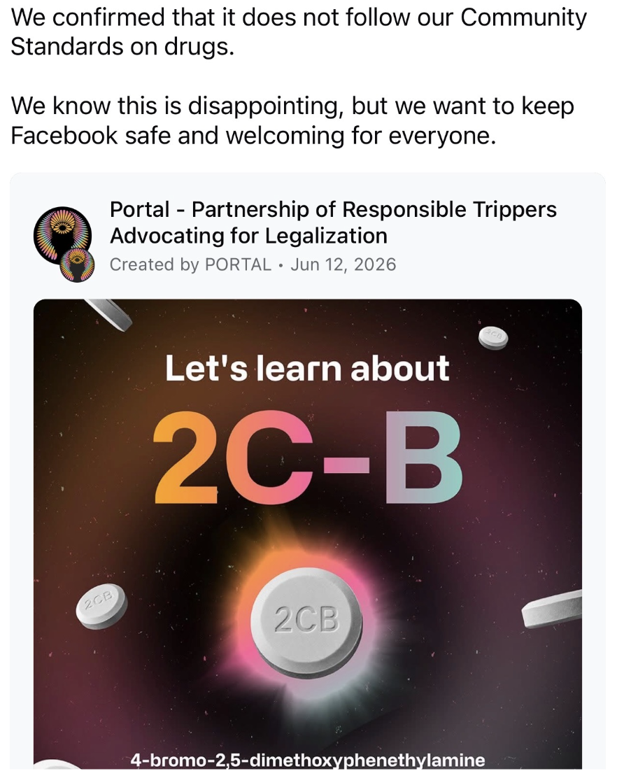 Instagram post titled 'Let's learn about 2C-B' with a Meta notice that it does not follow Community Standards on drugs.