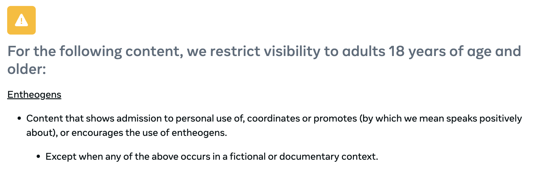 Excerpt of Meta's Restricted Goods and Services Community Standards on entheogens.