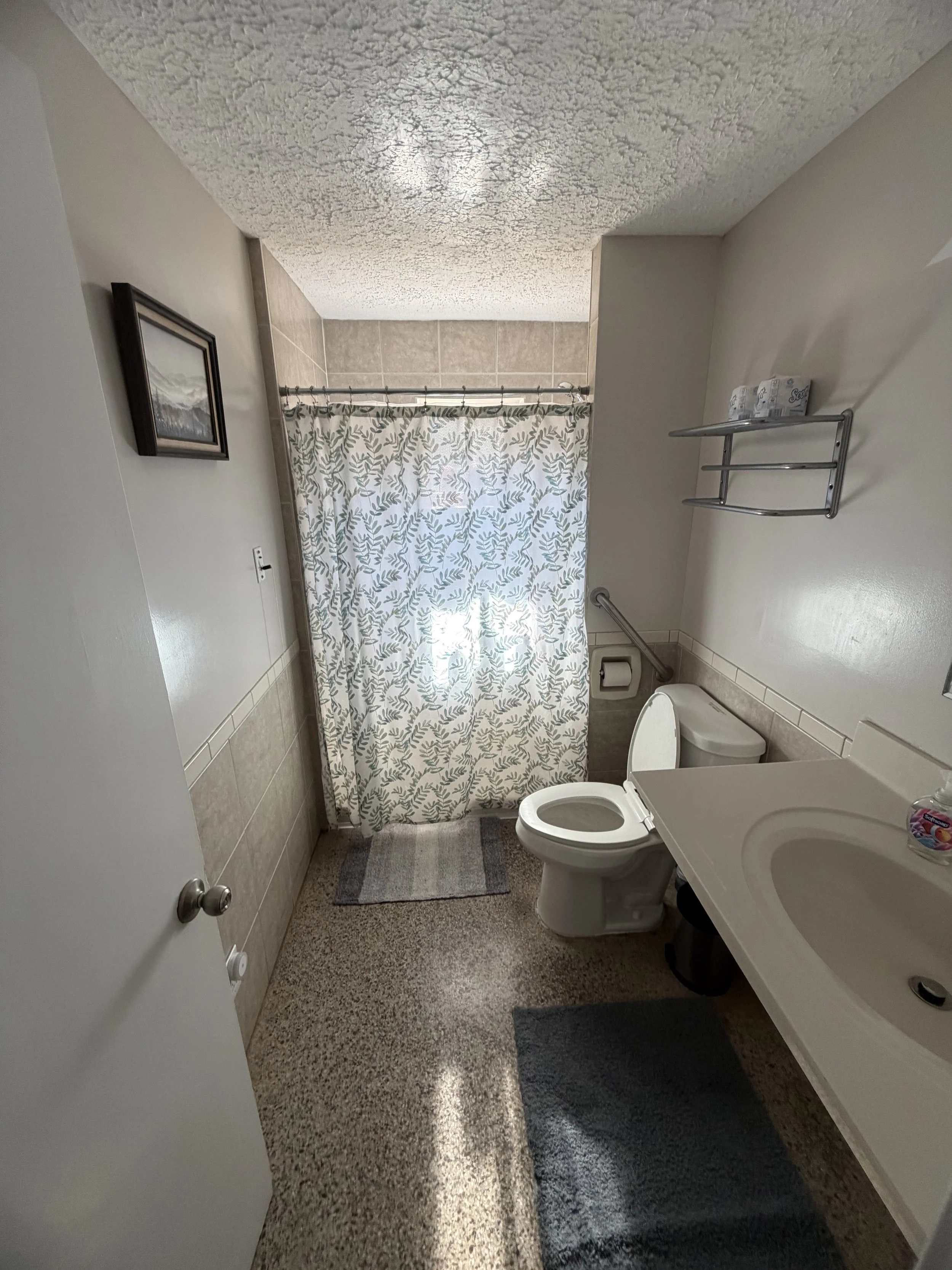 A small bathroom with a beige tile floor, a white toilet, a sink with a countertop, a wall-mounted towel rack, and a shower area with a leafy-patterned shower curtain. There is a framed picture on the wall and a small shelf with toilet paper rolls.