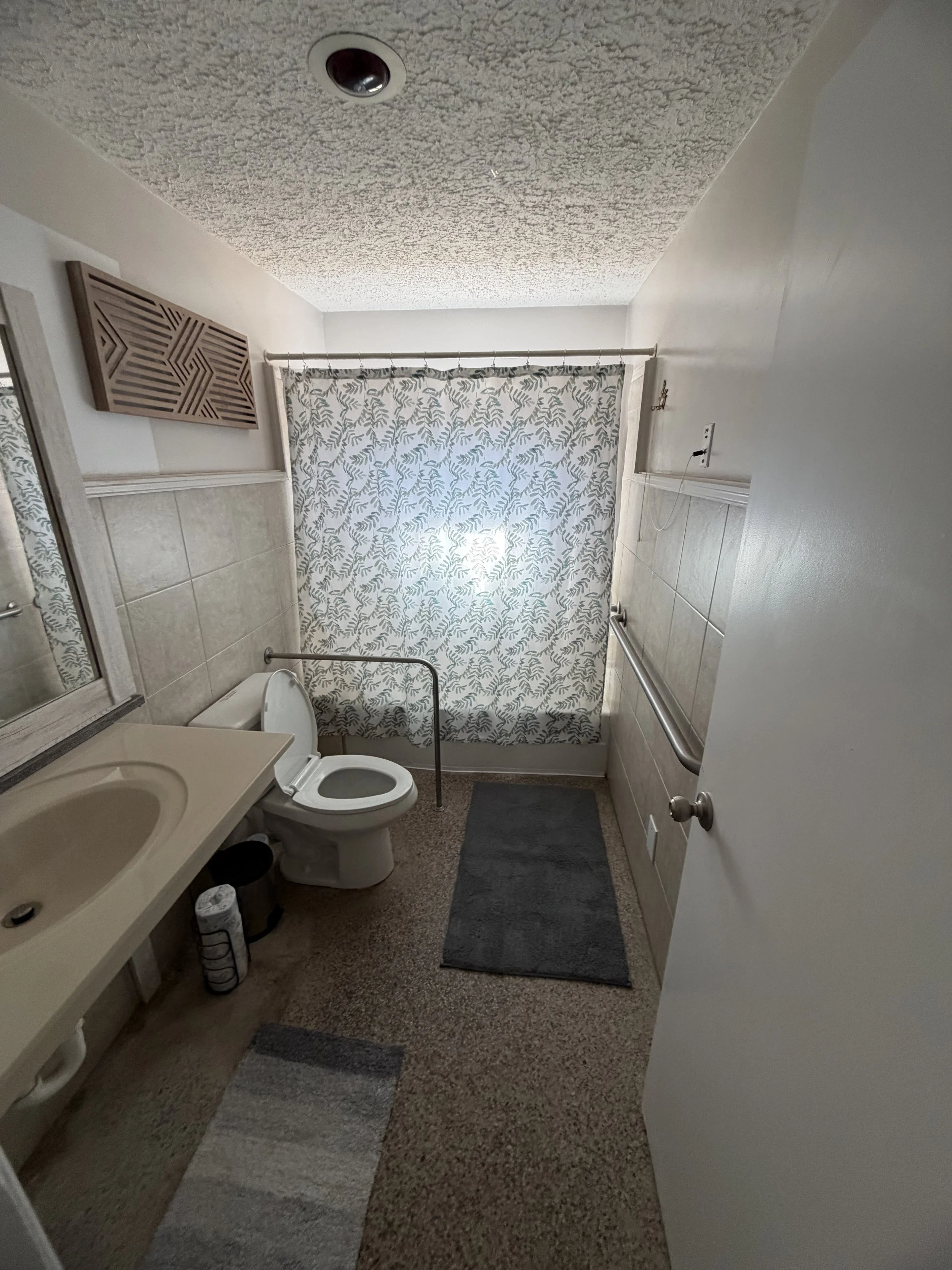 A small bathroom with a beige sink, toilet, and patterned shower curtain. The bathroom has textured ceiling, wall-mounted decorations, and a gray bath mat on carpeted floor.