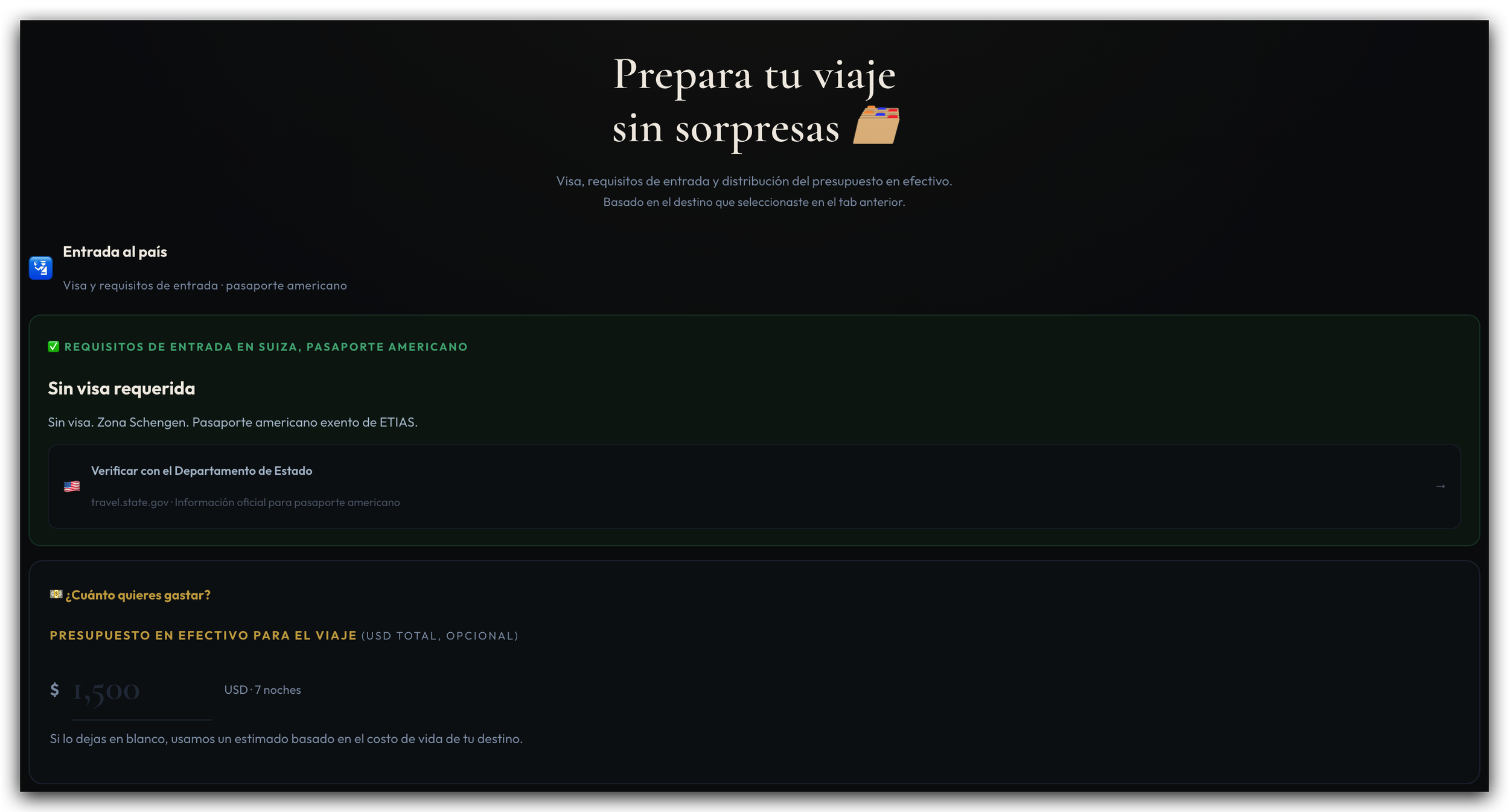 Panel de control 'Prepara tu viaje sin sorpresas' con detalles de entrada al país, requisitos de visa y estimación de presupuesto en efectivo
