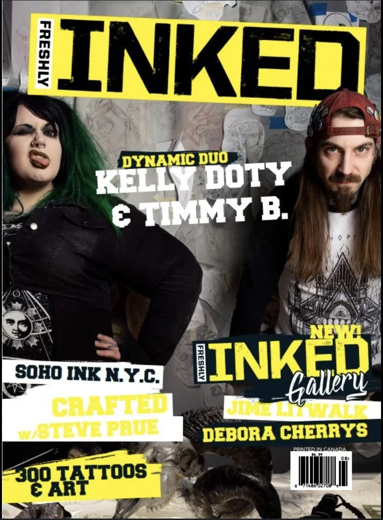 Cover of a magazine titled 'Inked' featuring two tattoo artists, Kelly Doty and Timmy B., with bold yellow and black text, and images of their tattoos and artwork in the background.