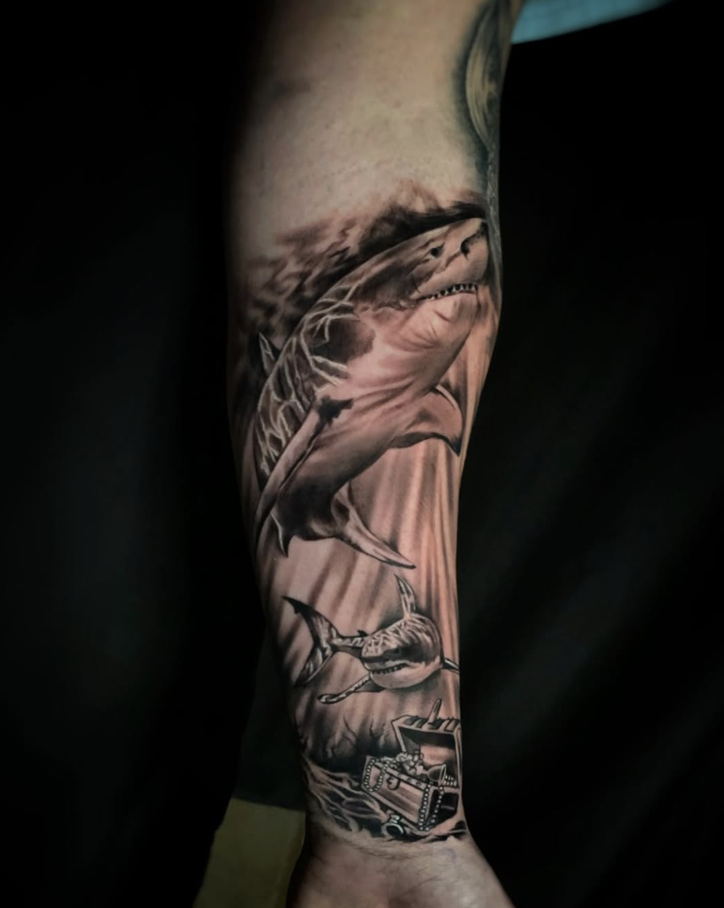 Tattooed arm with various detailed black-and-gray tattoos, including a shark, a dagger, dollar bills, and a vintage cassette tape.