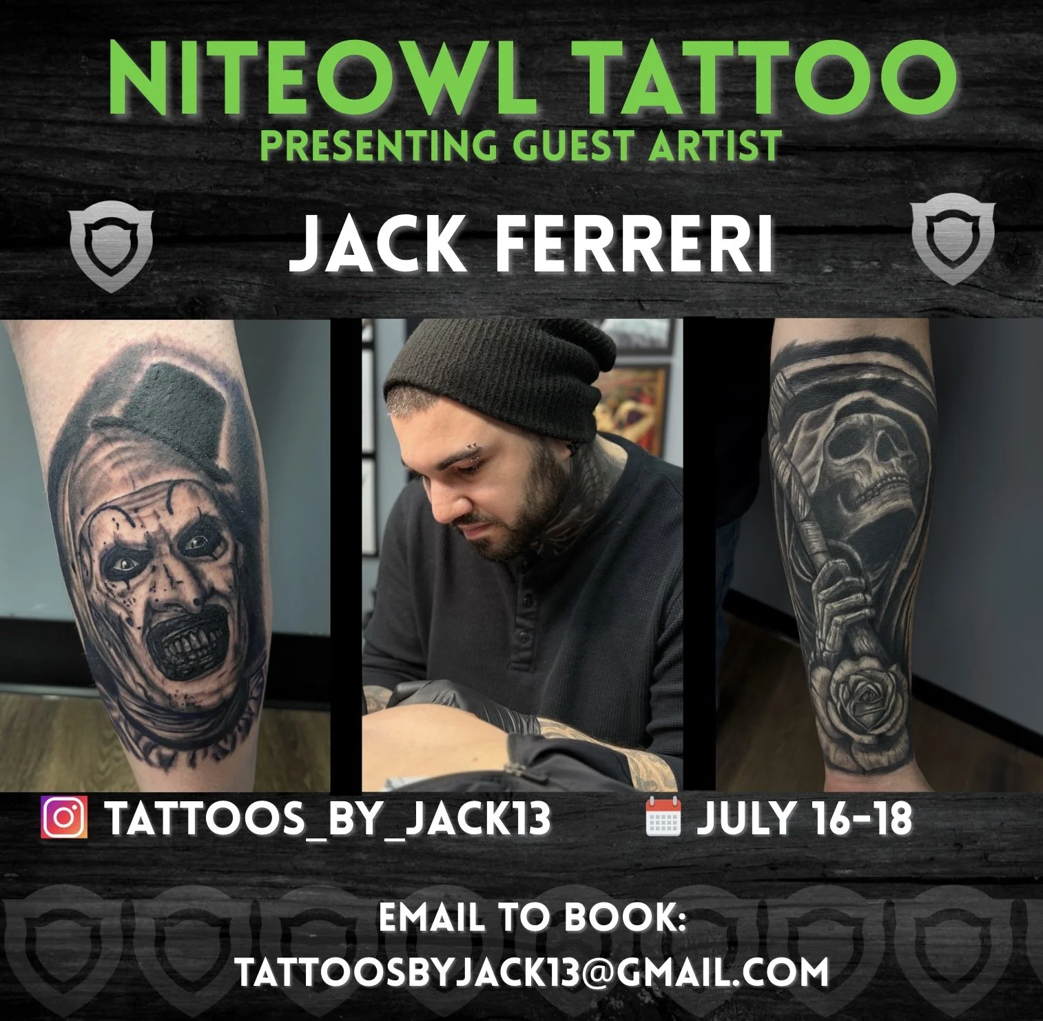 Picture of a man tattooing alongside two images of tattoos.