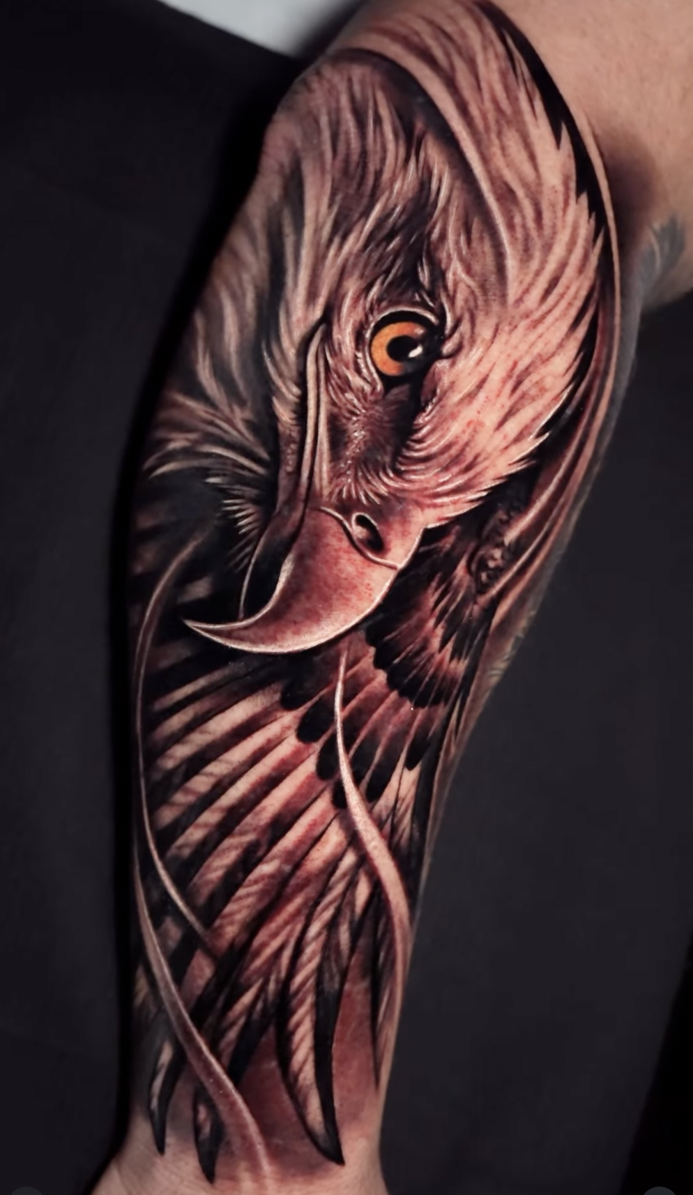 Colorful tattoo of a wolf's head on a person's arm, featuring detailed fur, piercing orange eye, and a prominent moon in the background.