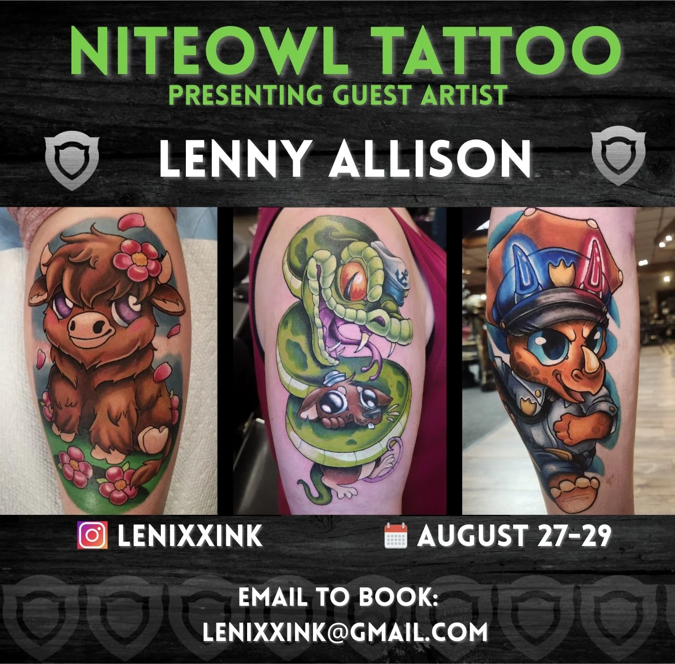 Poster for Niteowl Tattoo with tattoos for an upcoming guest artist.