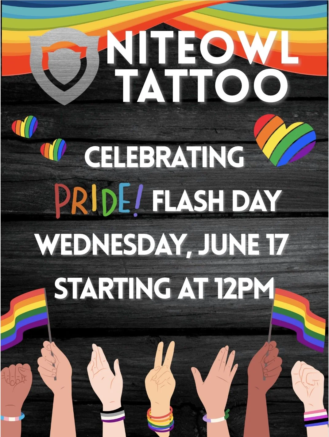 Poster for Pride Flash Day event with rainbow hearts, pride flags, and diverse hands holding pride flags, celebrating LGBTQ+ community and pride awareness.