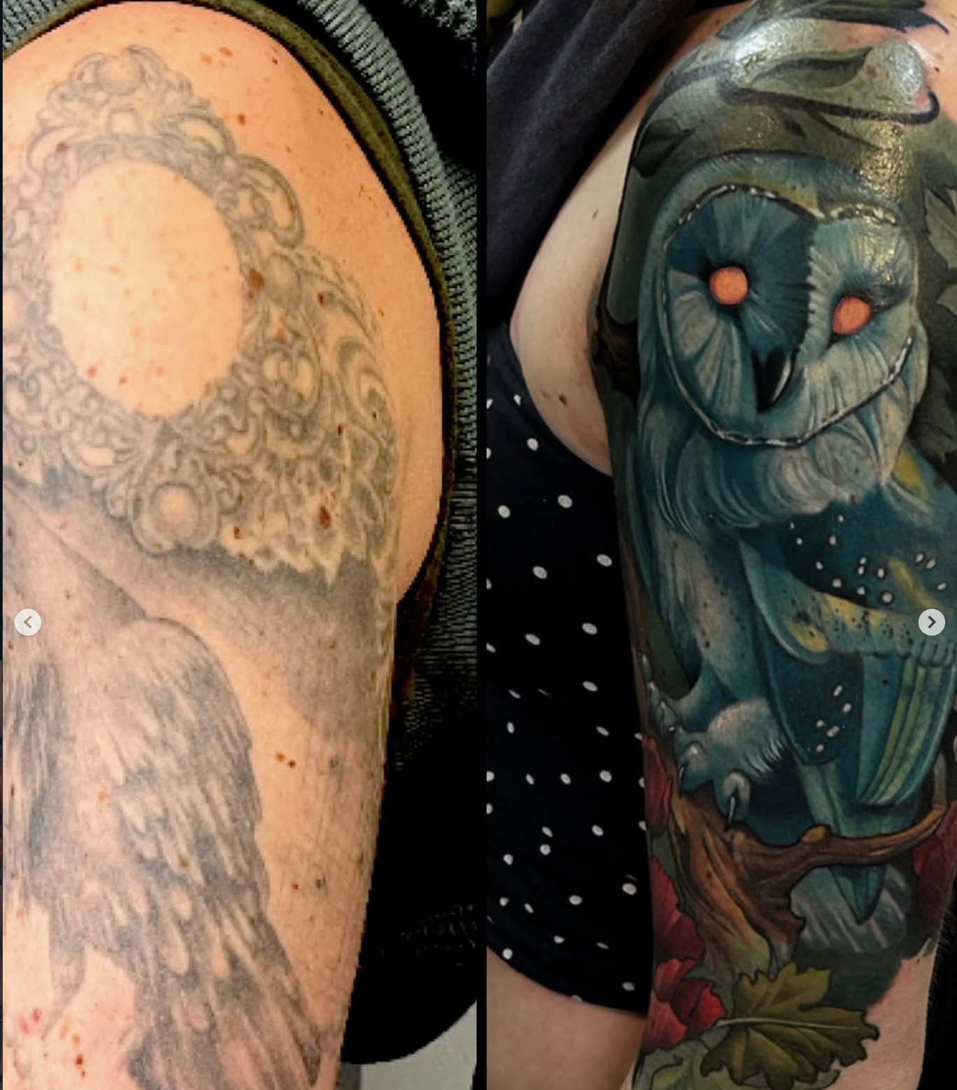 Close-up of two tattoos on a person’s arm. The left tattoo features a detailed, gray-world, possibly a cemetery scene, with a large sun or moon in the background. The right tattoo is a colorful, artistic depiction of a cat with a wide, grinning face, yellow eyes, and intricate, decorative details.
