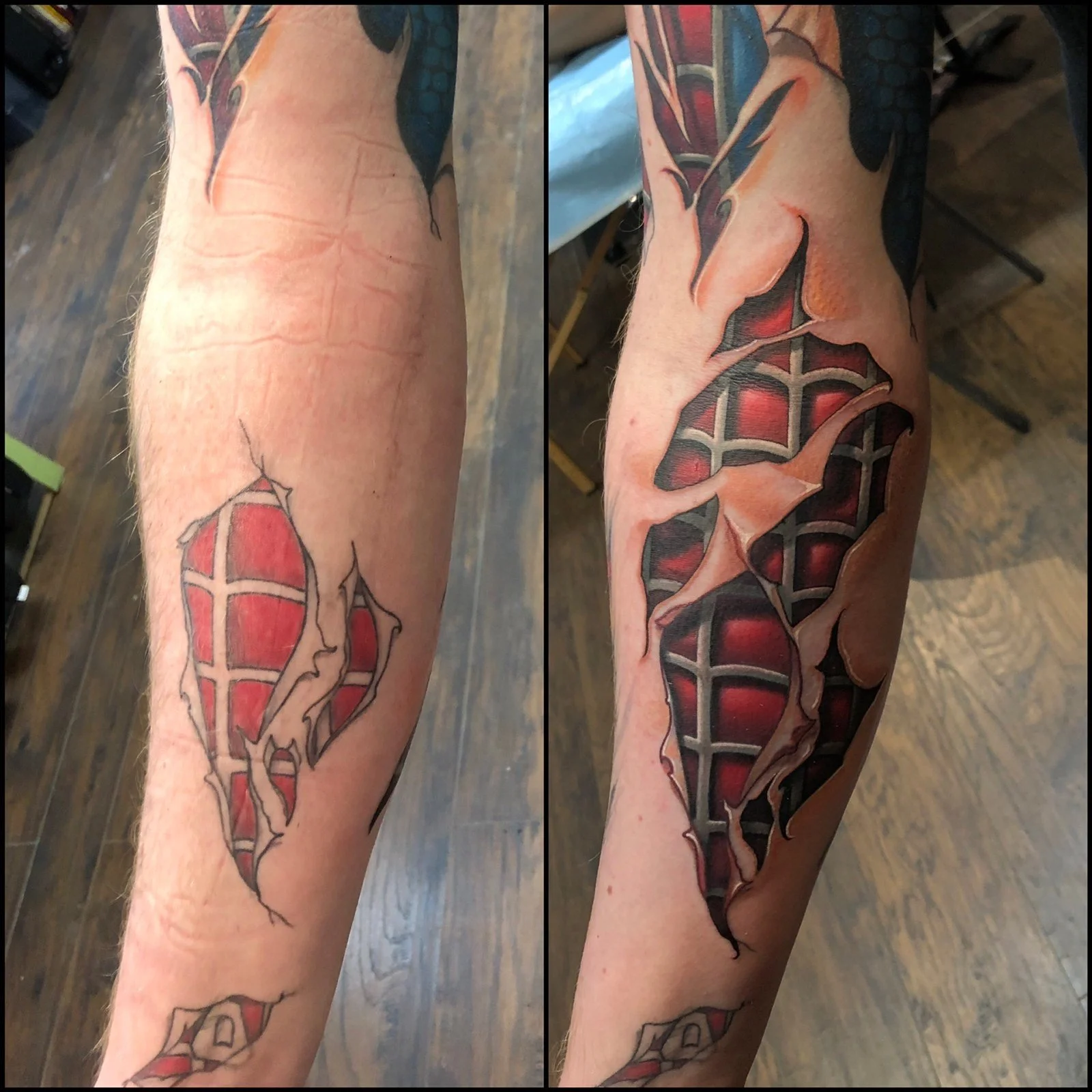A person's arm with a fresh tattoo of a stylized red and black snake or dragon, with bold outlines and shading.