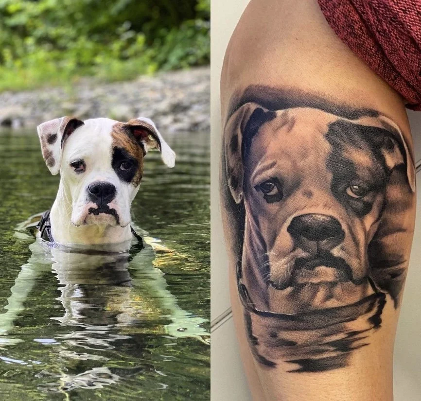 A dog swimming in water on the left and a tattoo of a dog's face on a person's leg on the right.