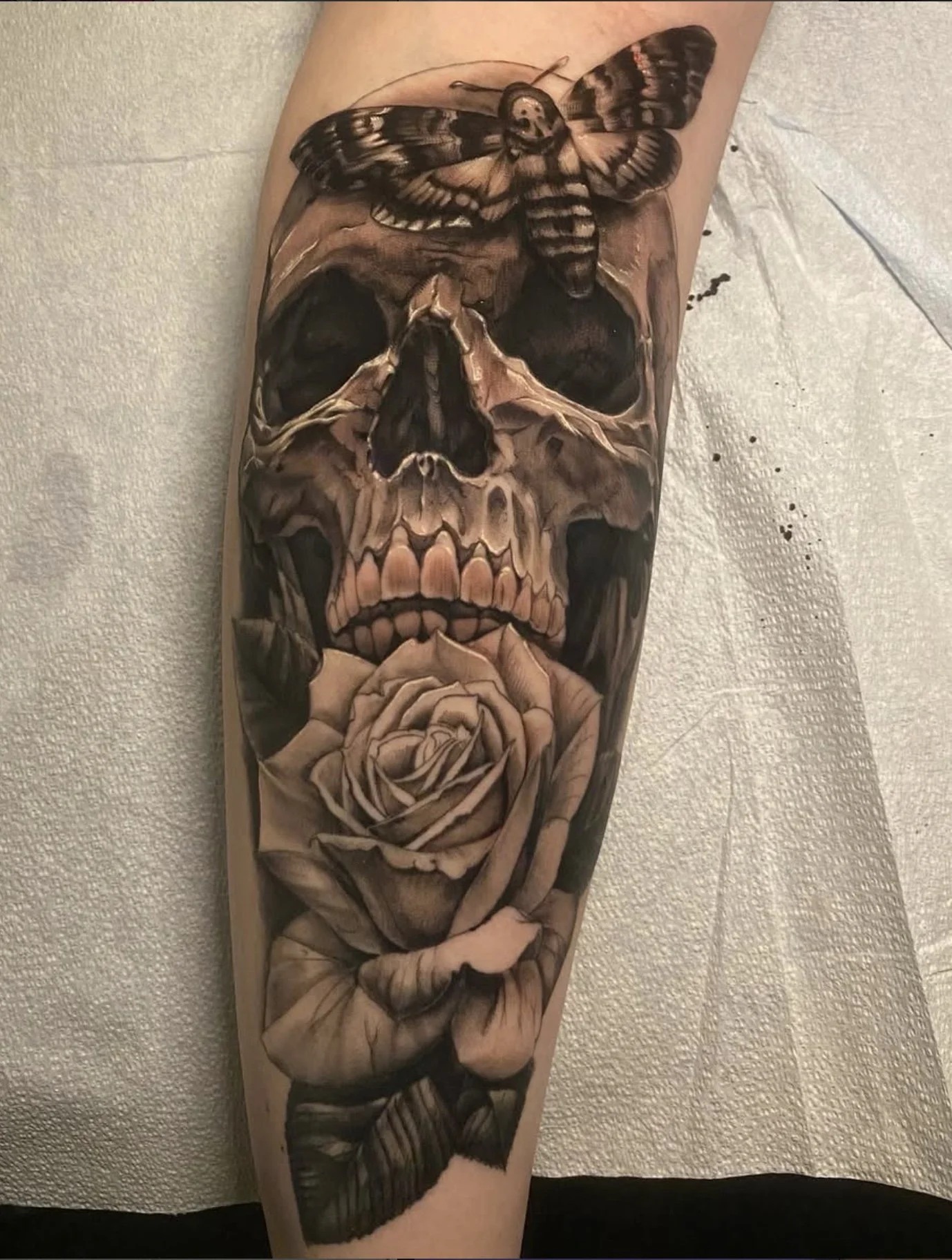 Tattoo of a human skull with a moth and a rose on an arm.