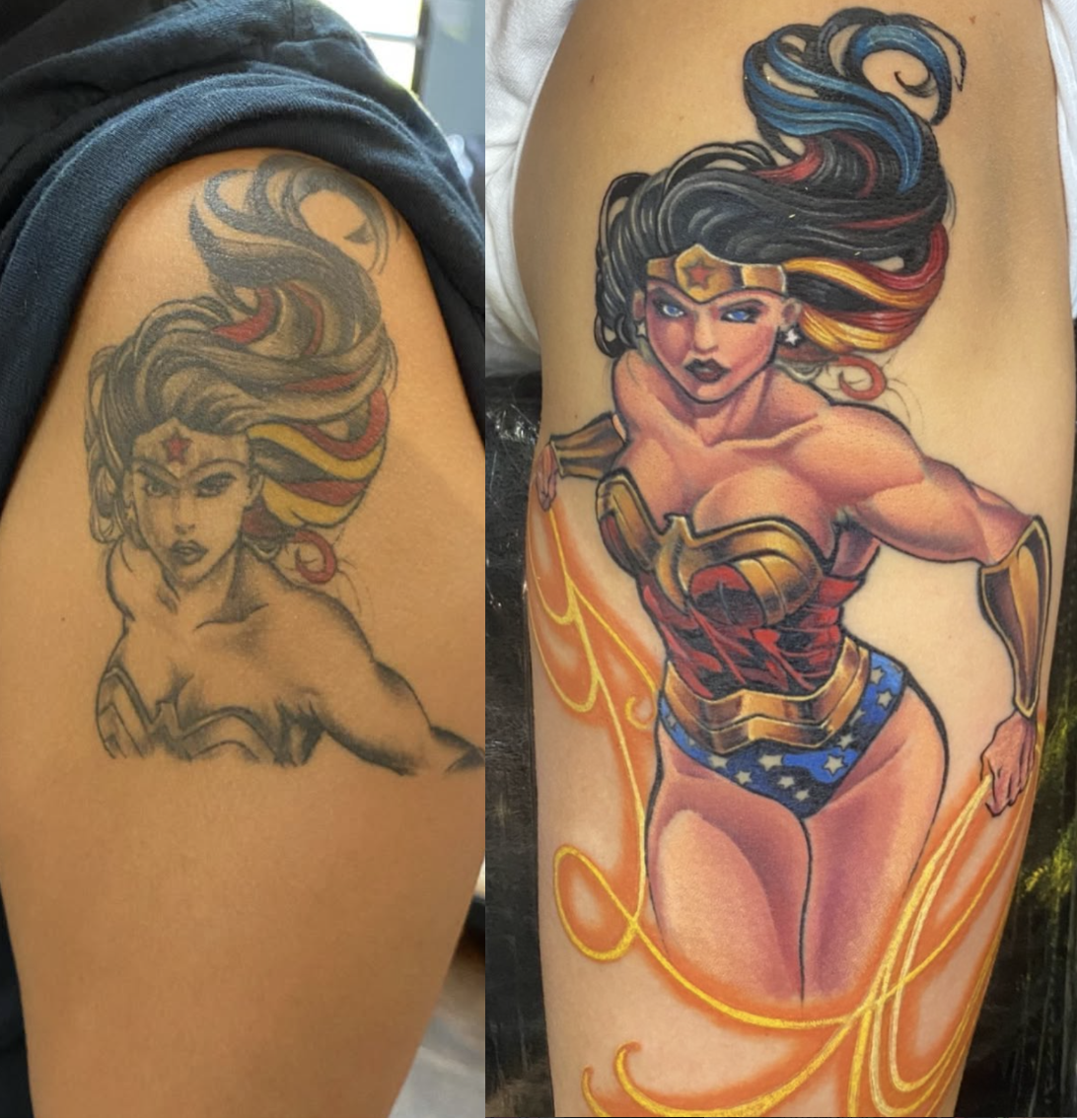 Comparison image of a tattoo of Wonder Woman: the left shows the initial design in black and gray ink, and the right shows the completed colorful tattoo with detailed coloring on a person's arm.