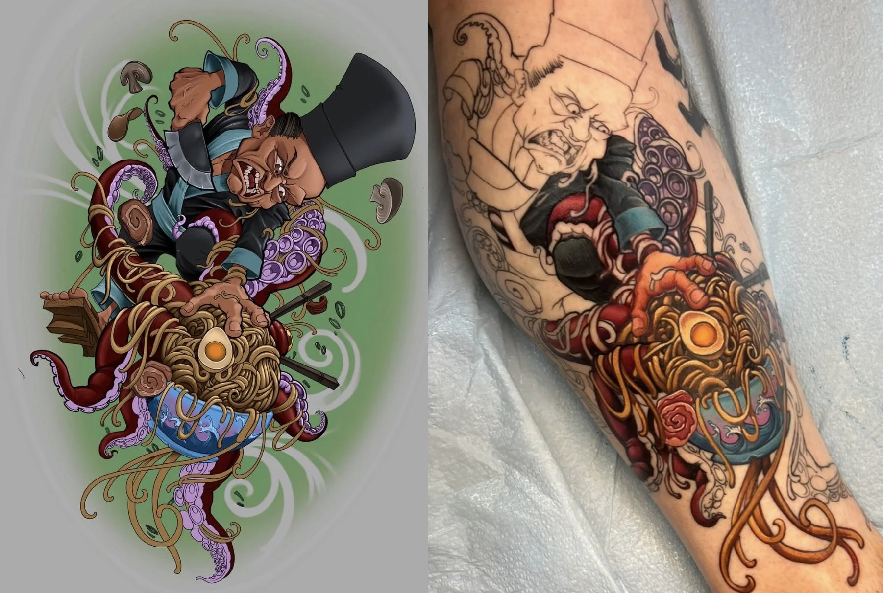 Colorful illustration of a chef fighting a monstrous creature with swirling tentacles and spaghetti, on the right is the same design as a tattoo on a person's arm.