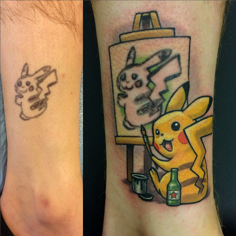 Tattoo of Pikachu painting a portrait of Pikachu.