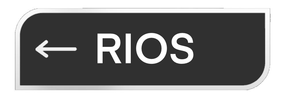 Black directional road sign with white border and text, pointing left, reading 'RIOS'.