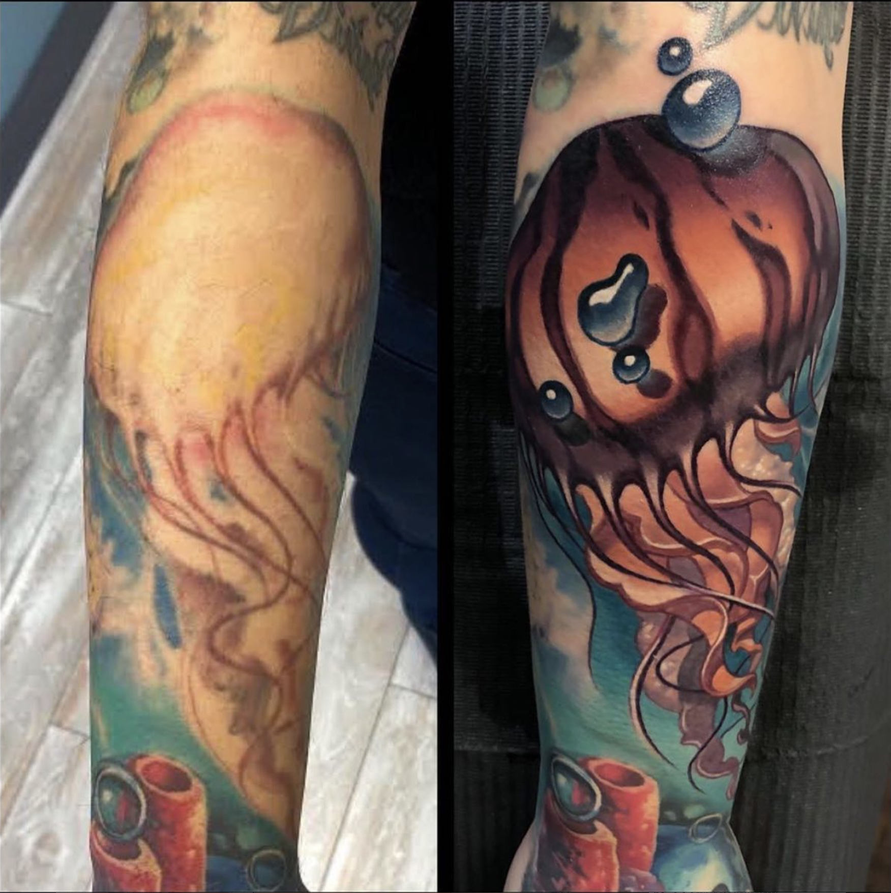 Side-by-side images of tattooed arms. The left arm features a tattoo of a heart with soft shading and a colorful abstract design around it. The right arm displays a vibrant, stylized octopus tattoo with bold black outlines, orange and purple hues, and blue bubbles.