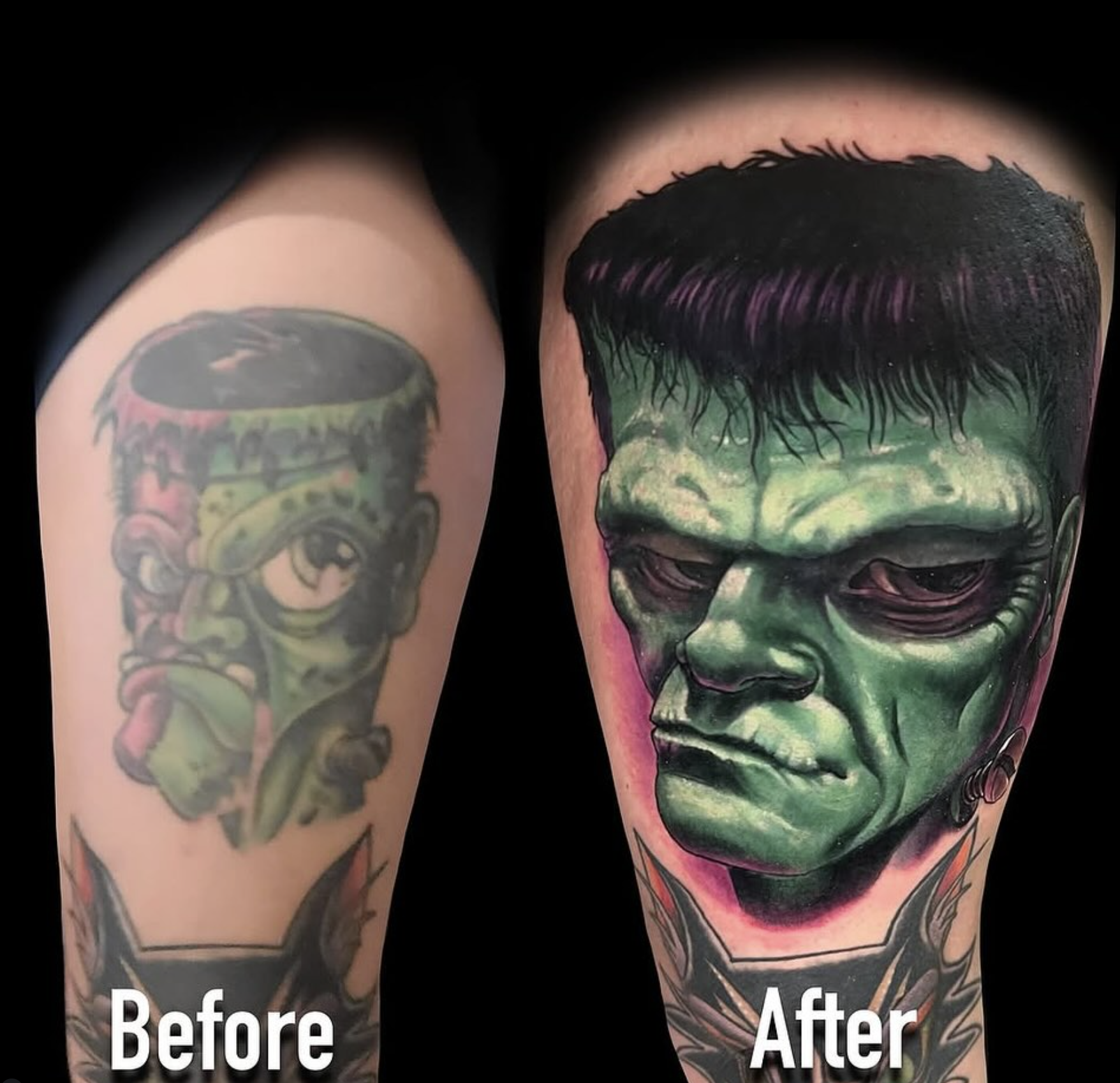 Tattoo of Frankenstein's monster face with green skin, black hair, and a menacing expression before and after color enhancement.