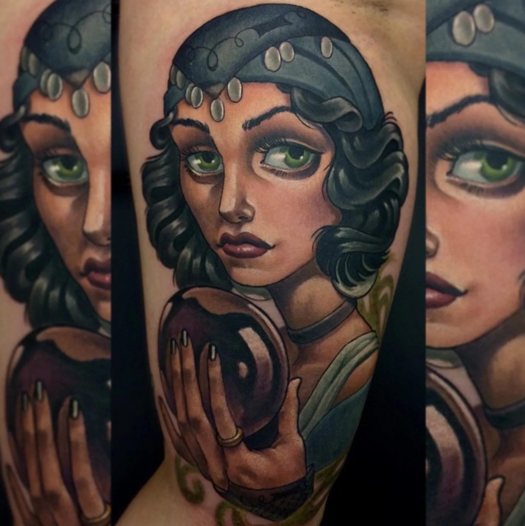 Tattoo of a woman with green eyes, dark wavy hair, holding a vinyl record, wearing a headscarf and jewelry.