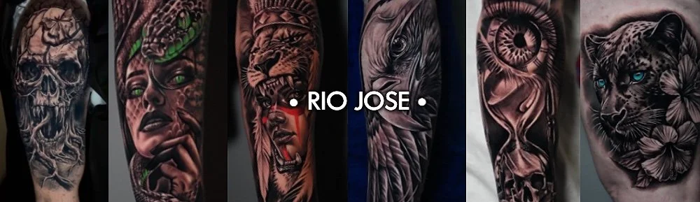 A collage of six tattoos featuring skulls, a woman with green eyes and a snake, a tiger, a lion, a snake with a skull, and a butterfly with a skull, each on different arms.