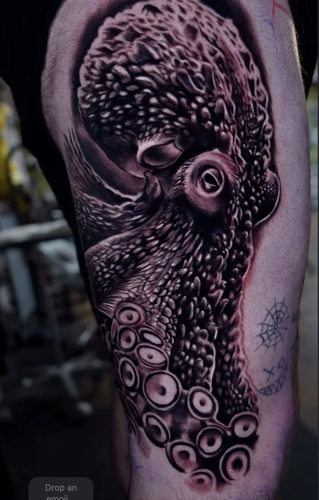 A black and gray tattoo of an octopus with detailed tentacles and textured skin on a person's arm.